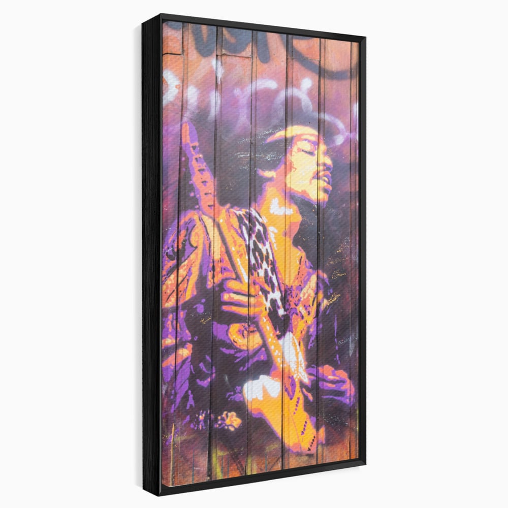 Tablou canvas cu tablou canvas cu jimi hendrix cantand la chitara, in rama de aluminiu negru